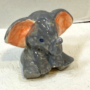 Baby Elephant Sitting trunk Up Gray Pink Ears Ceramic Figurine 2.5"x3"